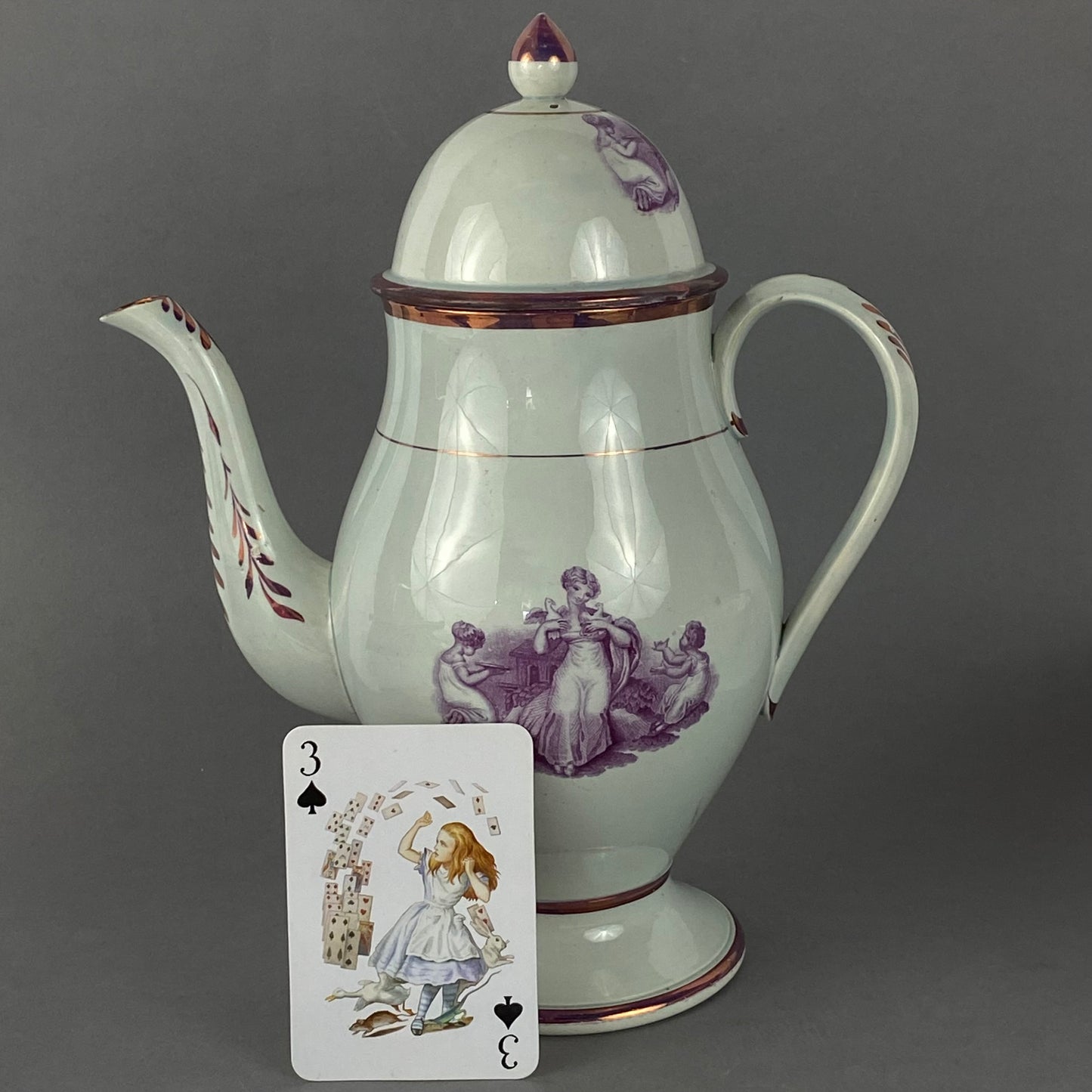 Antique Leeds Pearlware Pink Lustre Coffee Pot with Puce Transfer 18thc English