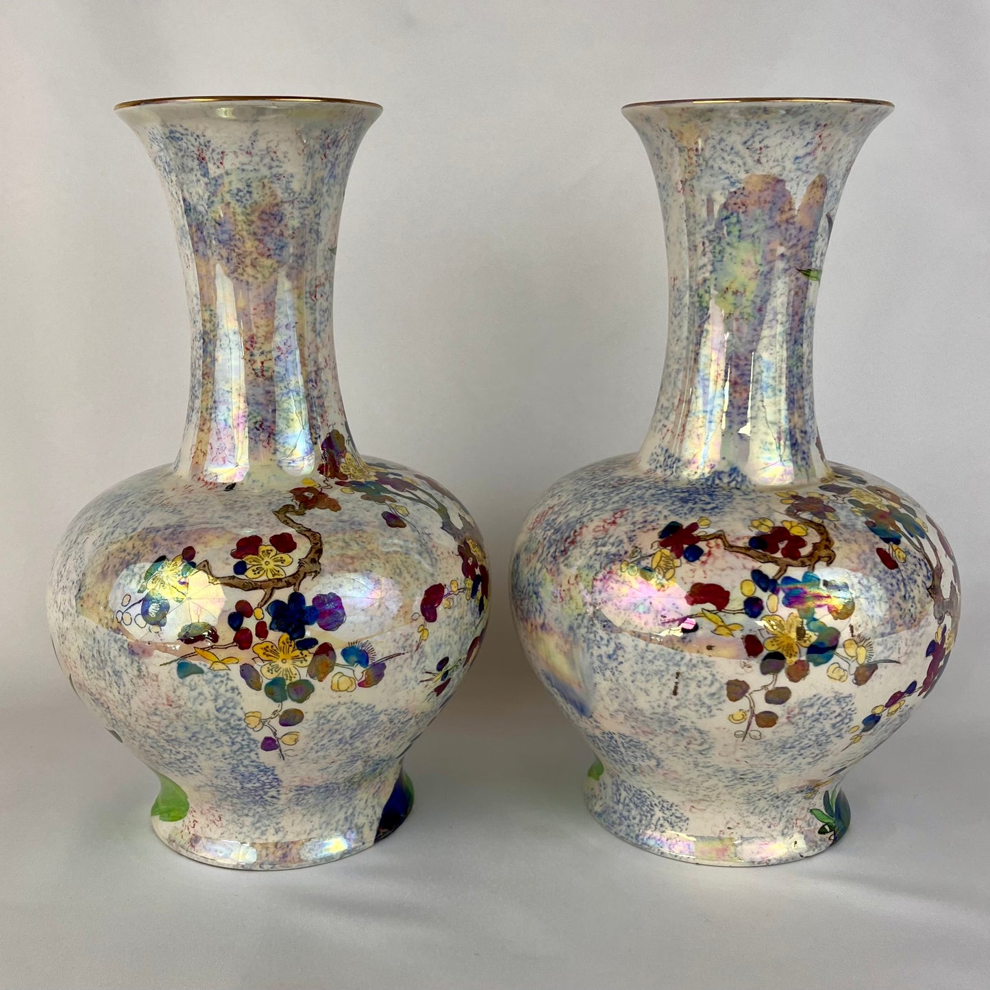 Antique c1923+ Pair of Wilton Ware A. J Harley Jones Chinoiserie Lustre Vases 10" Porcelain