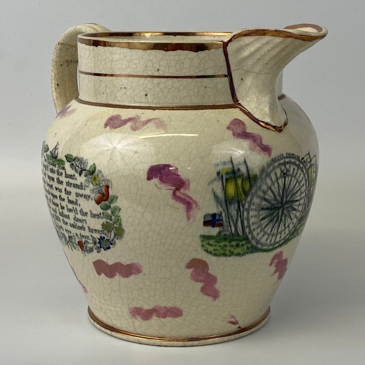 Antique XL Sunderland Lustre Jug c1820 Sailors Tear Poem & Peace Prosperity 23cm