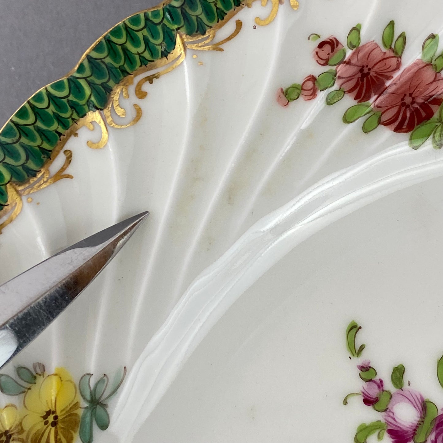 Antique Dresden Porcelain Plate Pair Floral Gold Gilt Rococo Revival Shell Rim