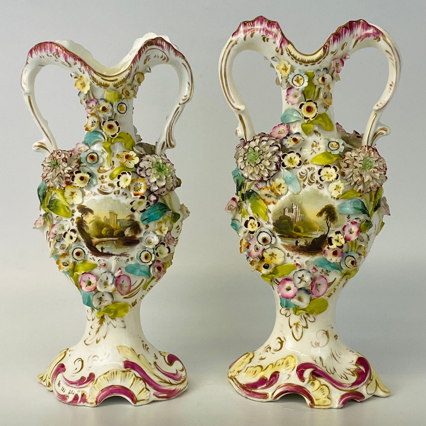 Antique Pair c1840 Vases Coalbrookedale Coalport Floral Encrusted Porcelain VGC
