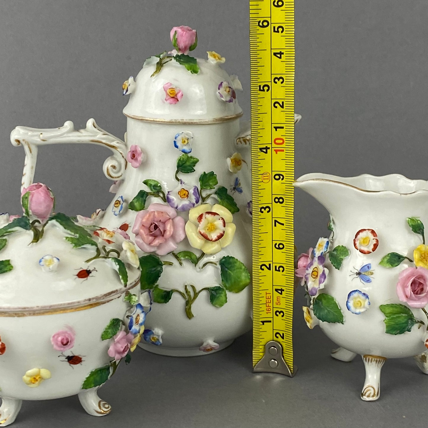 Antique Tea / Coffee Pot Set Meissen style Ernst Bohne Söhne Porcelain c1878+
