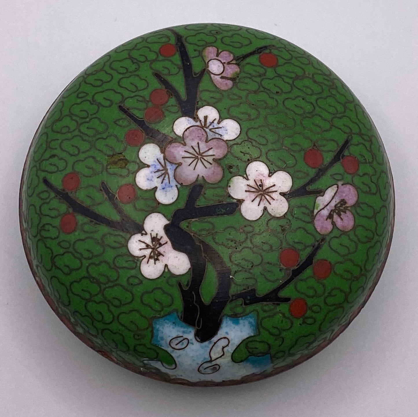 Vintage Chinese Cloisonne Copper Metal & Enamel Trinket Pot Cherry Blossom Pattern