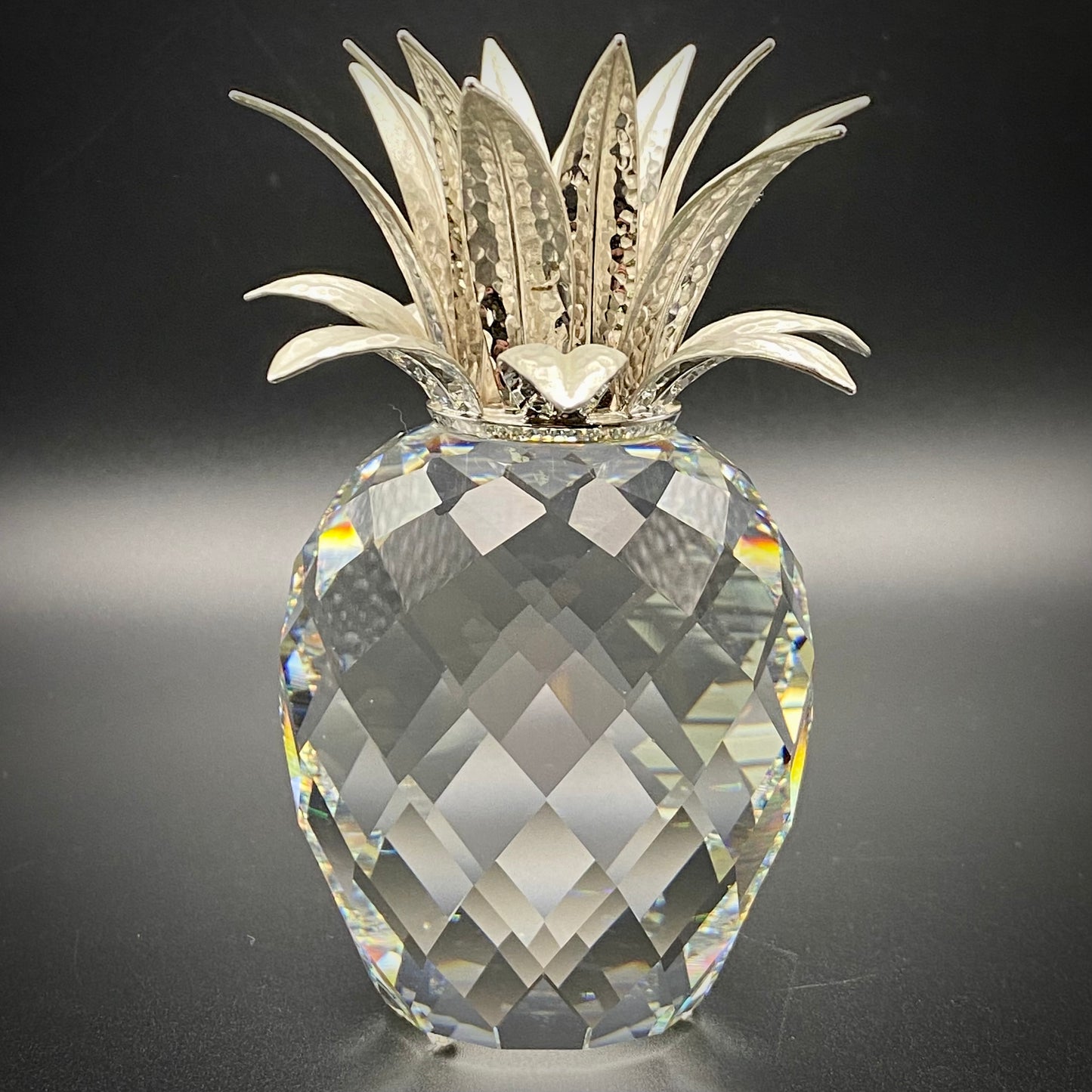 Swarovski Crystal Glass Pineapple Candle Holder Rhodium Hammered Leaves 7600132000 c1987