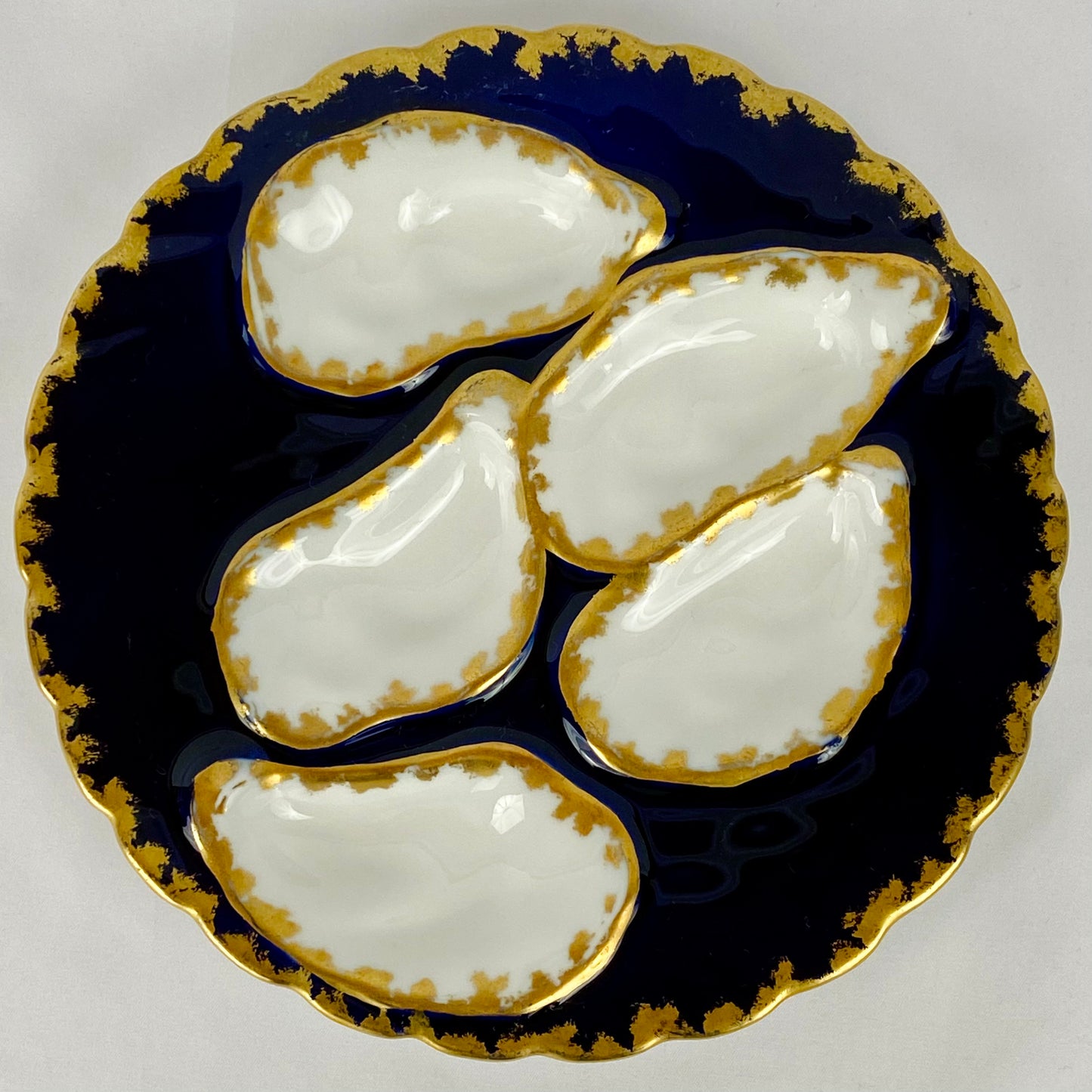 6 Antique Porcelain Limoges Cobalt Blue & Gold Oyster Plates