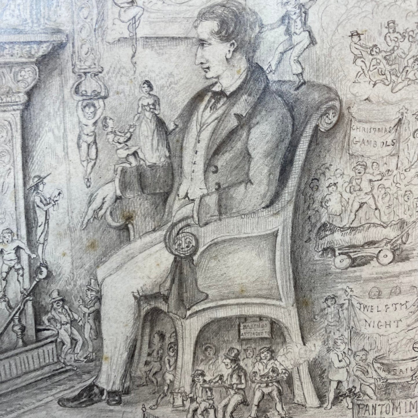 Antique Pencil Fine Drawing Christmas A Reverie 19thc Illustration by Hinksley 1857