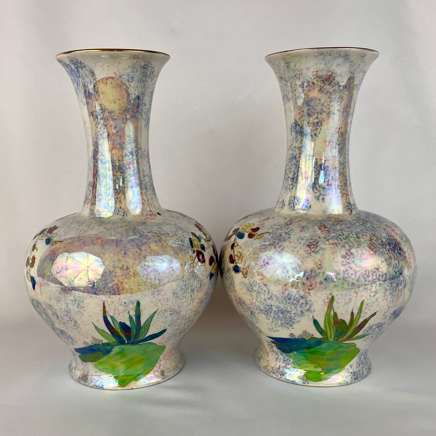 Antique c1923+ Pair of Wilton Ware A. J Harley Jones Chinoiserie Lustre Vases 10" Porcelain