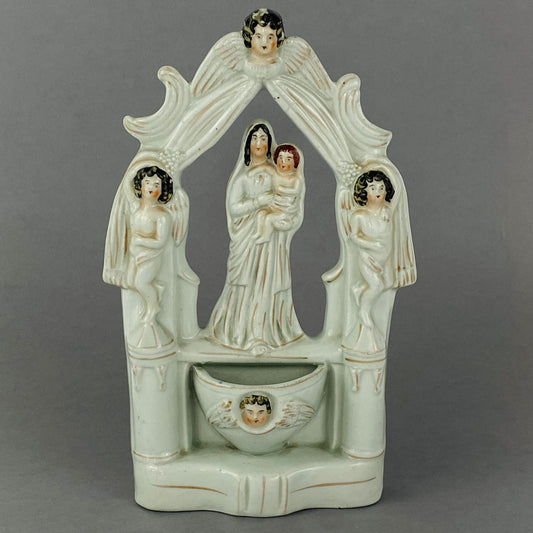 Antique Staffordshire Flat Back Pottery Holy Water Font Stoup 19thc Mary & Jesus
