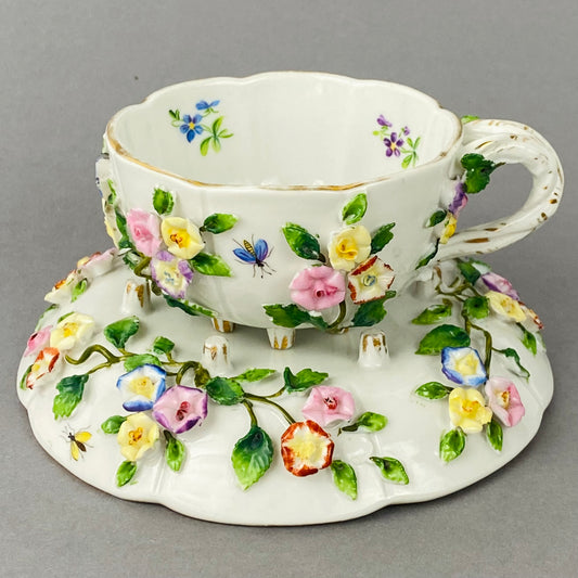 Antique Meissen style Ernst Bohne Söhne Cup & Saucer Floral Porcelain c1878+