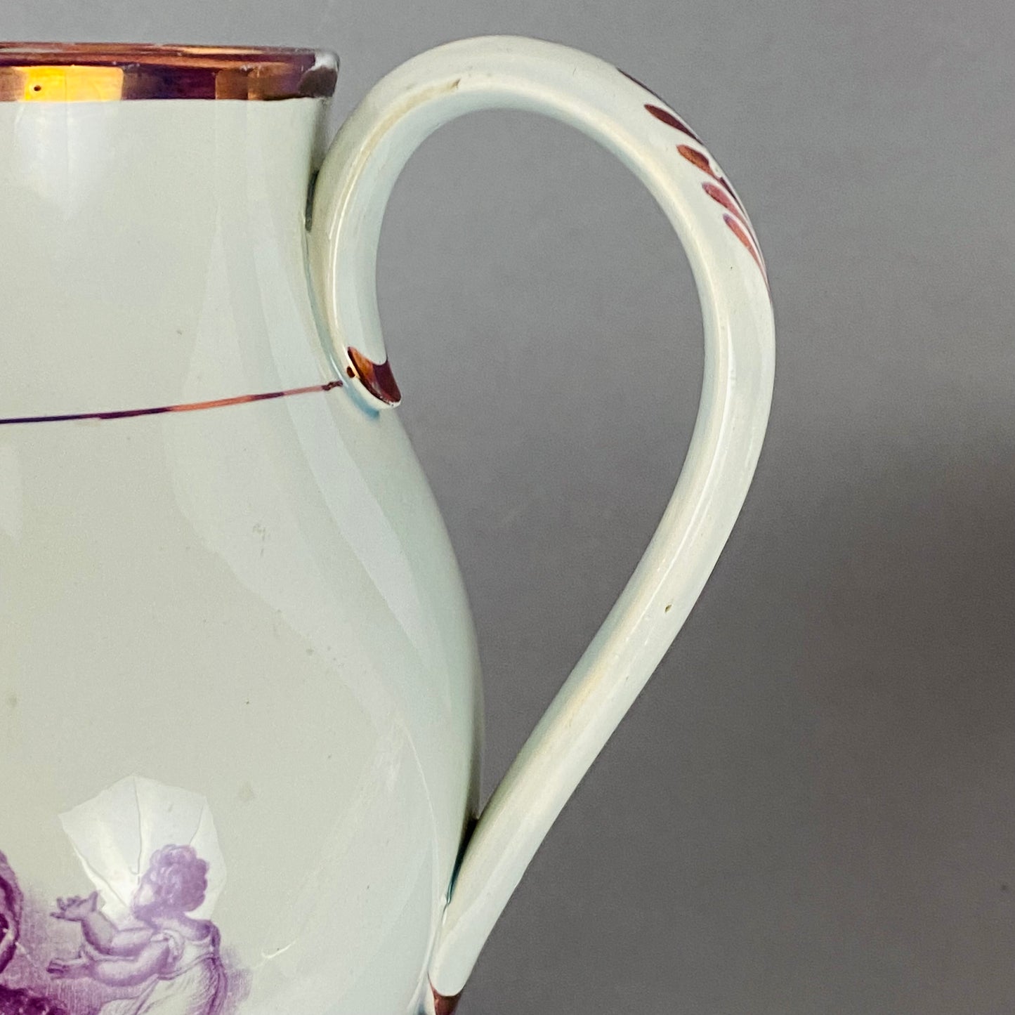 Antique Leeds Pearlware Pink Lustre Coffee Pot with Puce Transfer 18thc English