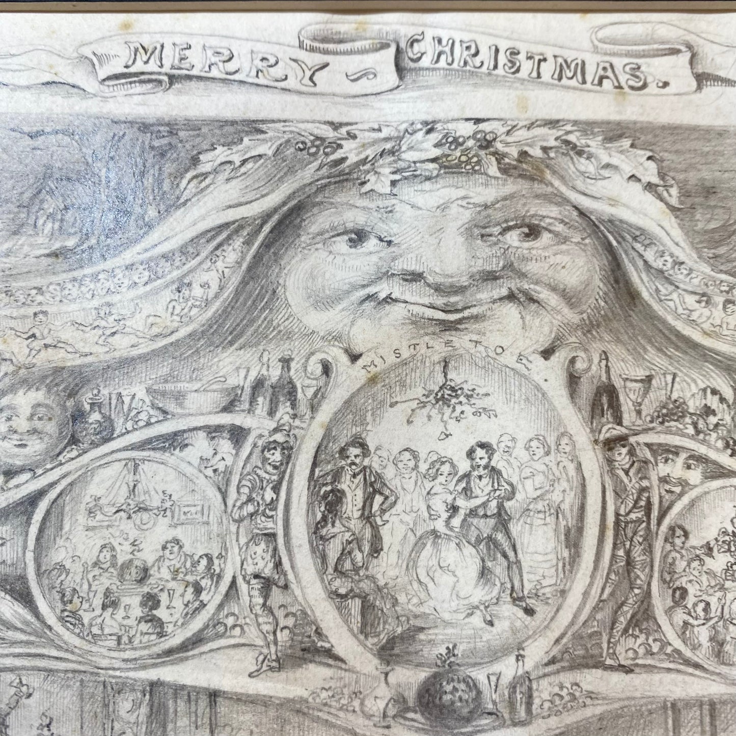 Antique Pencil Fine Drawing Christmas A Reverie 19thc Illustration by Hinksley 1857