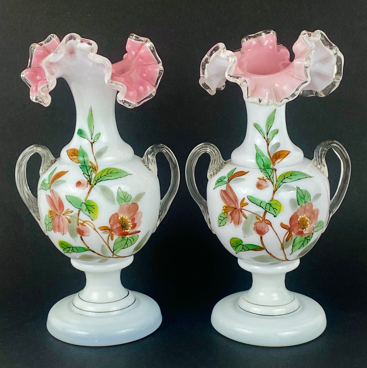 Rare Pair Fenton Vases Vtg c1940s Silver Crest Ruffle Milk Glass Pink & White