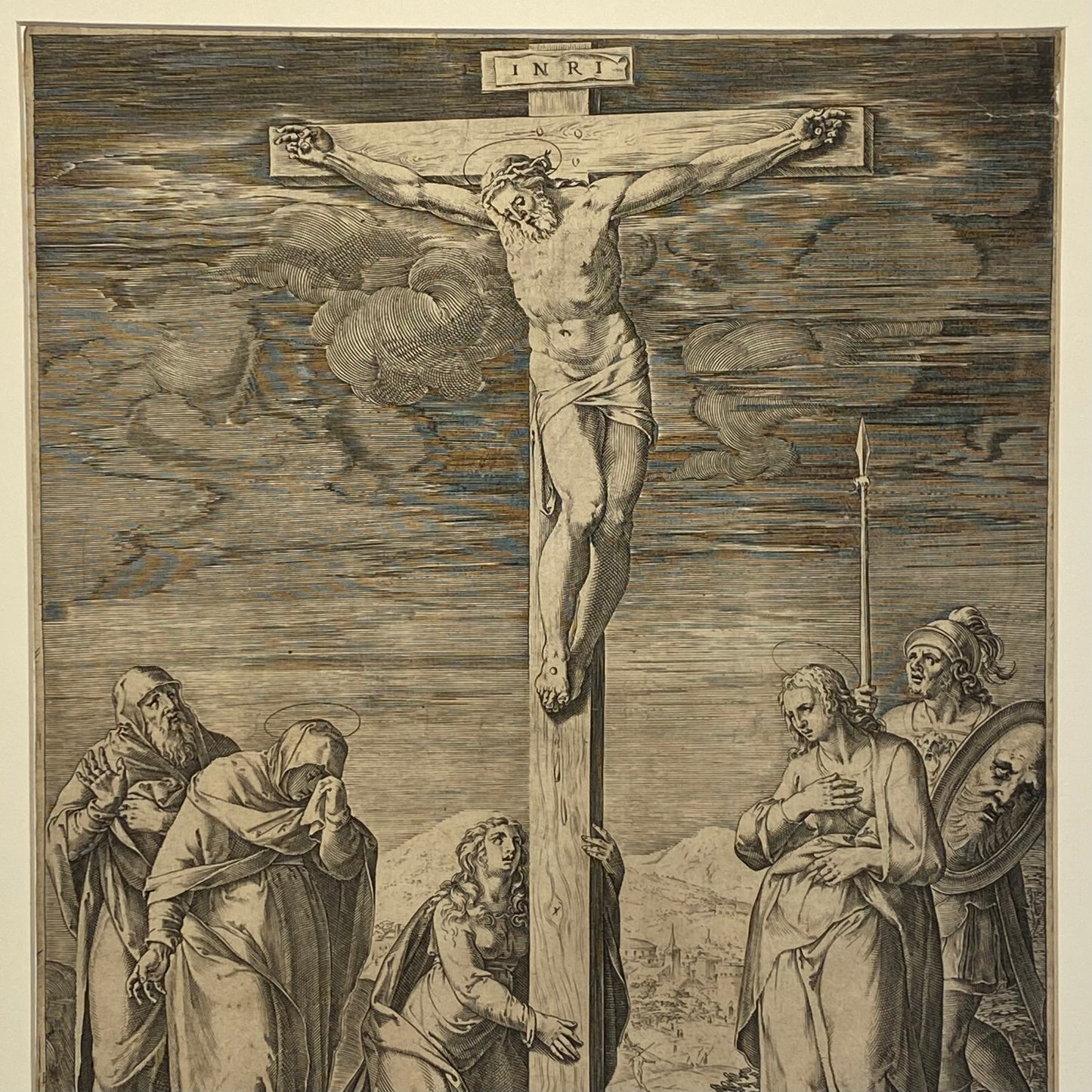 Antique Renaissance Crucifixion Engraving c.1568 by Clovio, Cort, Lafreri Print