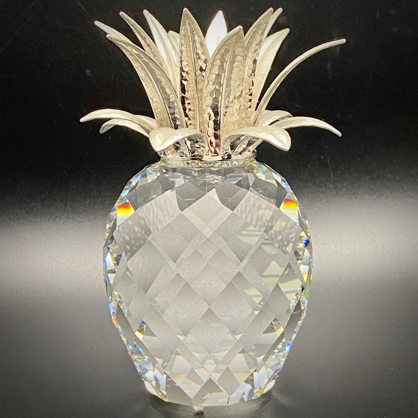 Swarovski Crystal Glass Pineapple Candle Holder Rhodium Hammered Leaves 7600132000 c1987