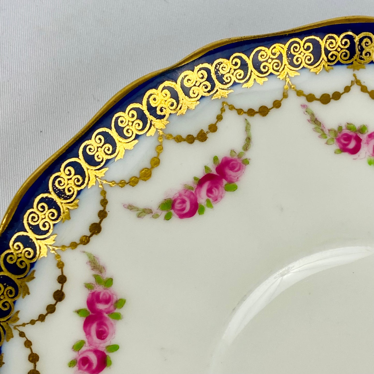 Antique Cauldon Tea Cup & Saucer Gold Gilt c1904 English Porcelain Rose Garland