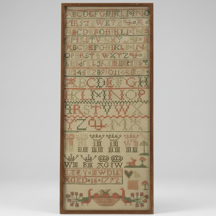 Antique Alphabet & Motif Needlework Sampler Dated 1792 Georgian Folk Art