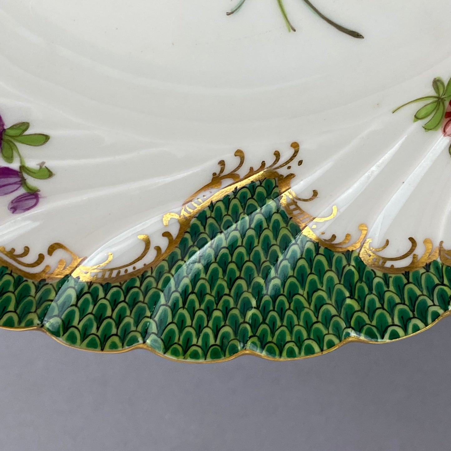 Antique Dresden Porcelain Plate Pair Floral Gold Gilt Rococo Revival Shell Rim