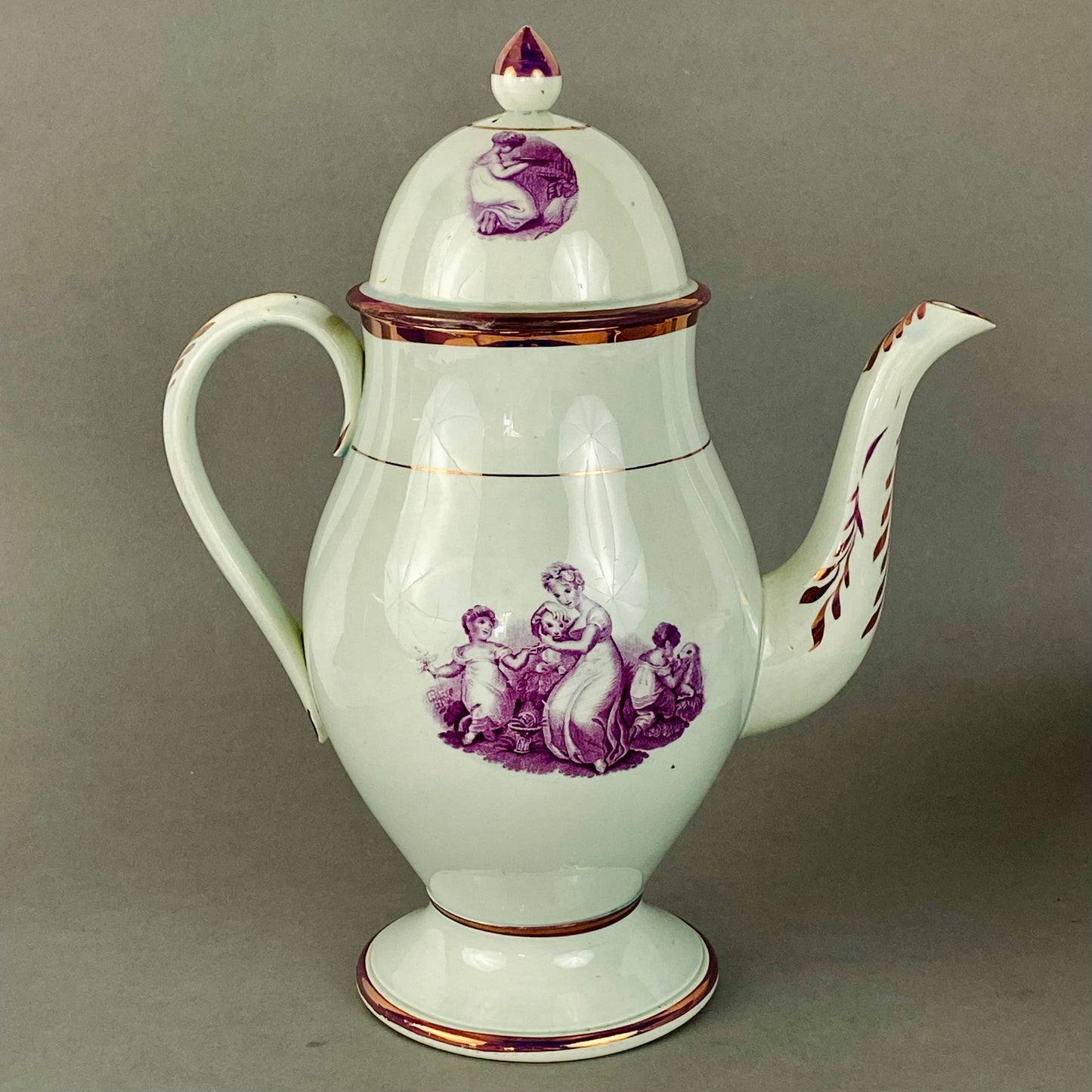 Antique Leeds Pearlware Pink Lustre Coffee Pot with Puce Transfer 18thc English