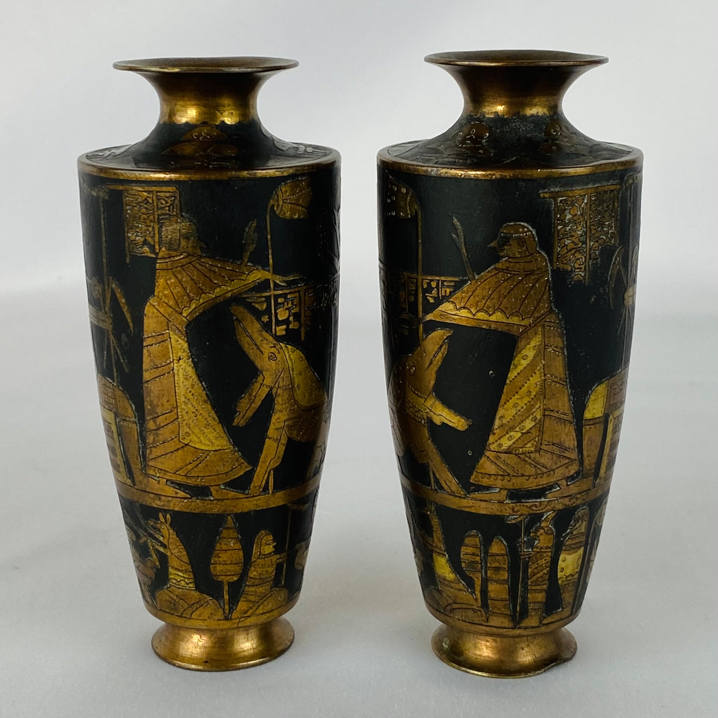 Japanese Pair of Antique Metal Baluster Vase Zougan Egyptian Scenes