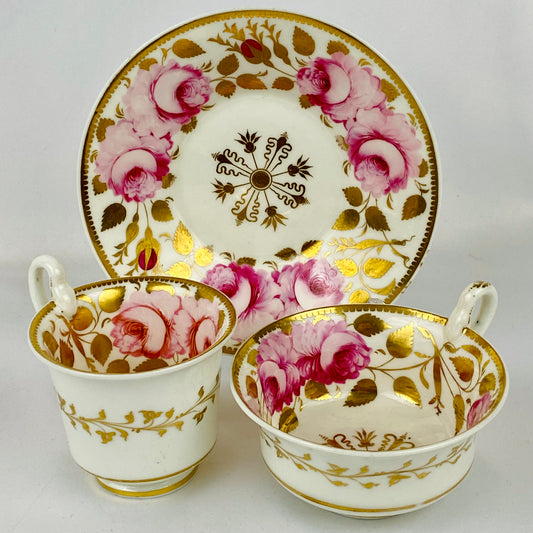 19thc Antique c1820 Spode Trio ~ Tea Cup, Coffee Cup & Saucer~#3886~Gold Gilt~Roses