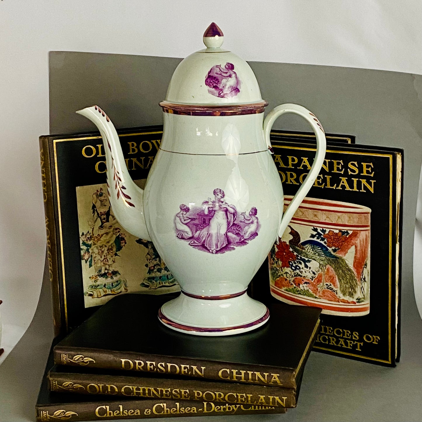 Antique Leeds Pearlware Pink Lustre Coffee Pot with Puce Transfer 18thc English