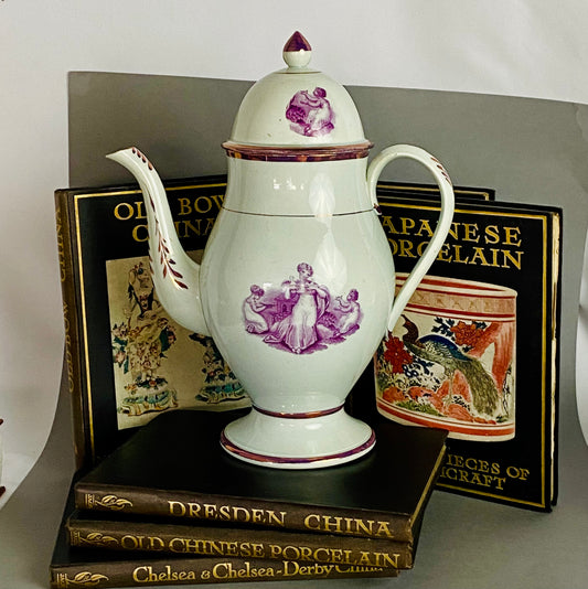 Antique Leeds Pearlware Pink Lustre Coffee Pot with Puce Transfer 18thc English