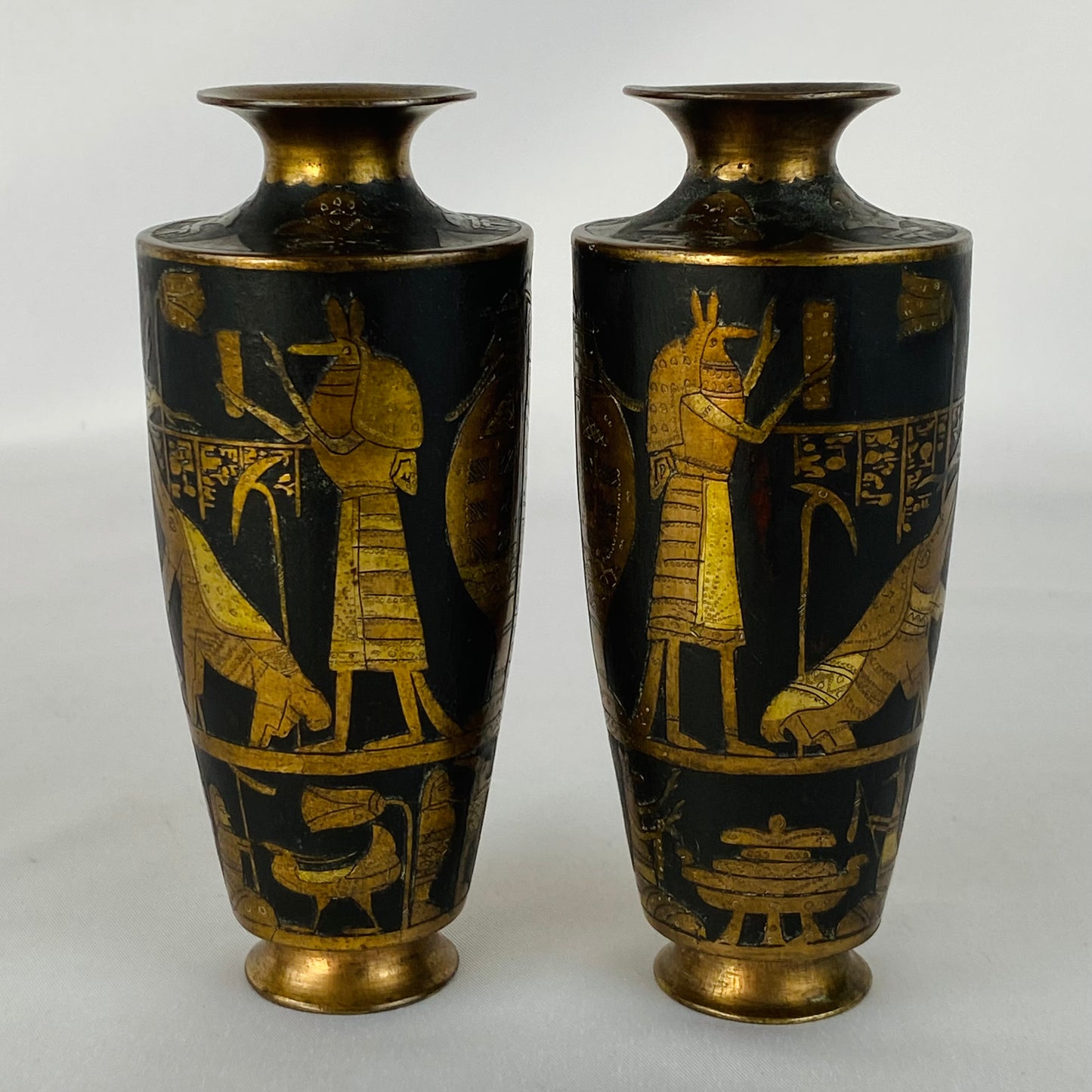 Japanese Pair of Antique Metal Baluster Vase Zougan Egyptian Scenes