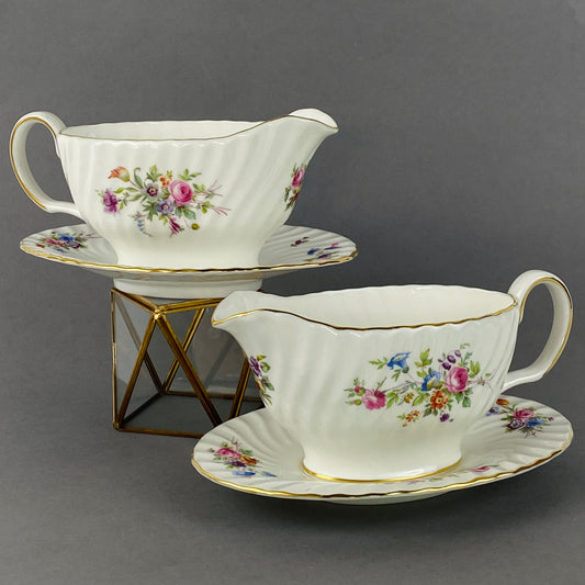 Pair of Minton Marlow Gravy Boats & Saucers S-309 Gold Gilt Floral VGC
