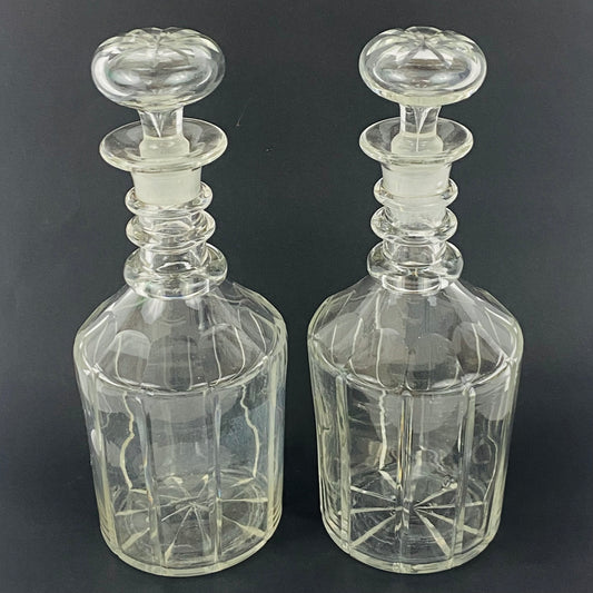 Georgian Glass Pair Decanters Triple Ring Hollow Mushroom Stopper c1835