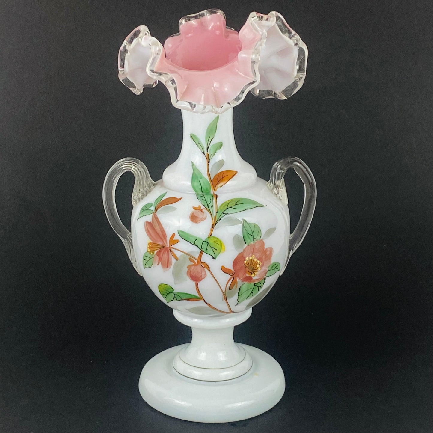 Rare Pair Fenton Vases Vtg c1940s Silver Crest Ruffle Milk Glass Pink & White