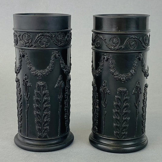 Wedgwood Black Basalt Antique Pair Pillar Spill Vases c1902 English Stoneware