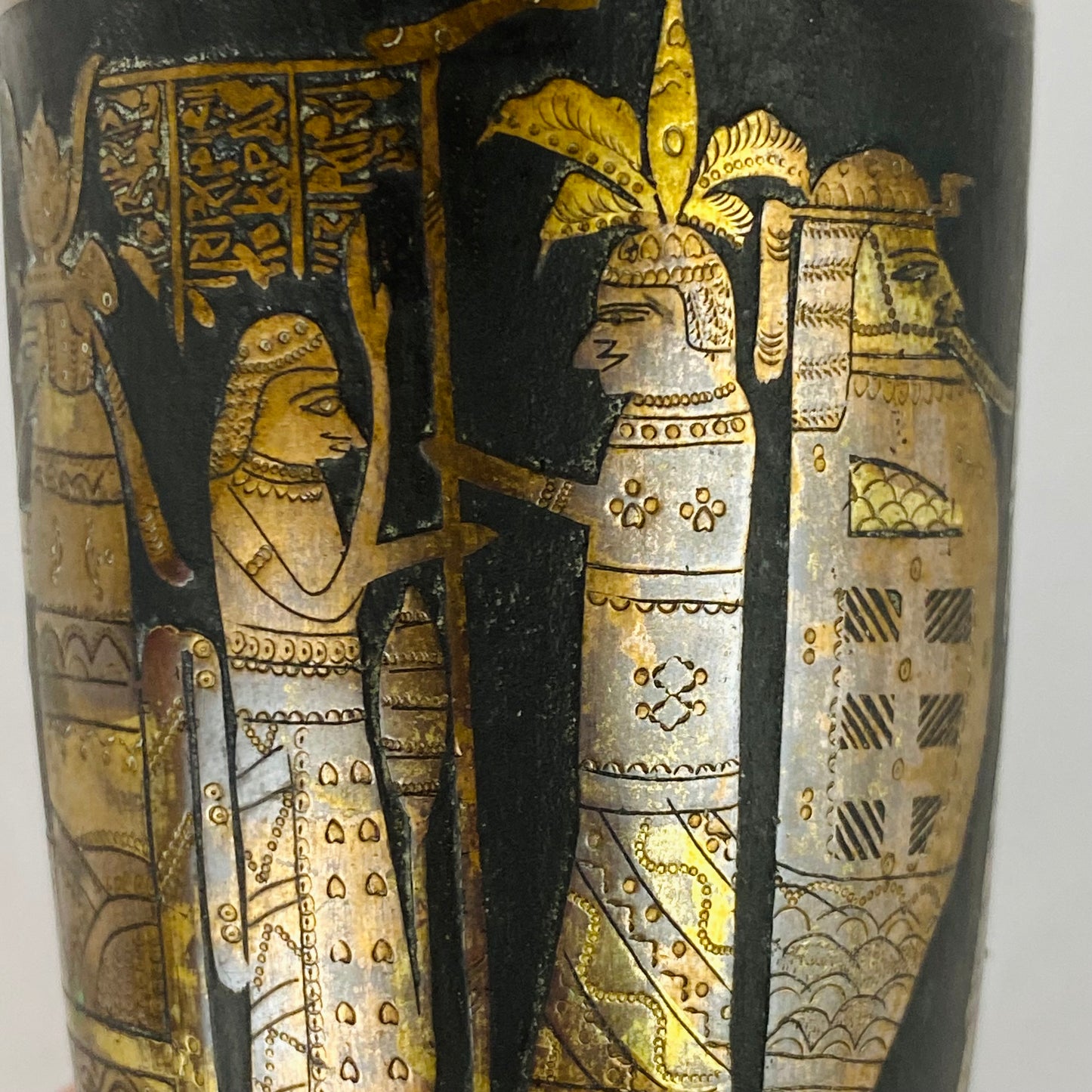 Japanese Pair of Antique Metal Baluster Vase Zougan Egyptian Scenes