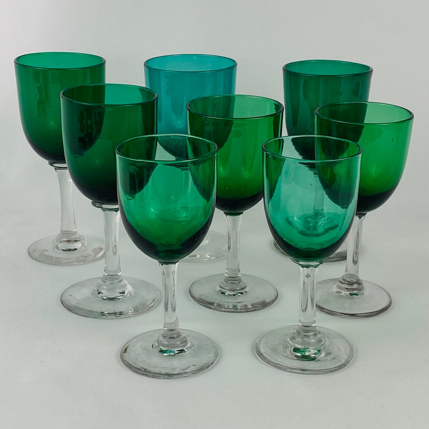 8  Antique Emerald Green Small Wine / Sherry Glass Clear Stem Bristol Studio