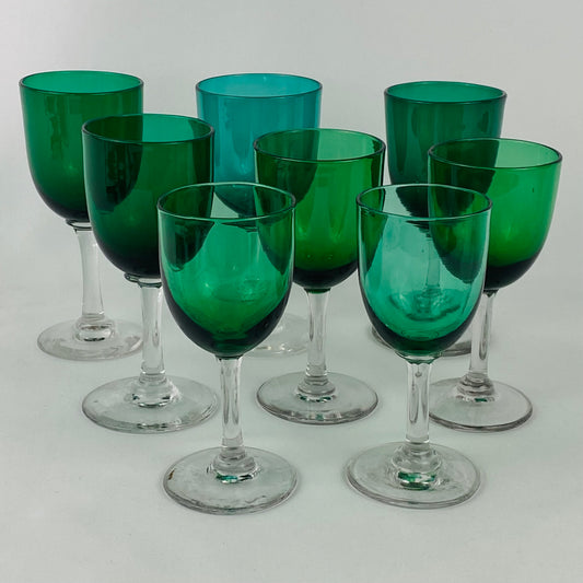 8  Antique Emerald Green Small Wine / Sherry Glass Clear Stem Bristol Studio