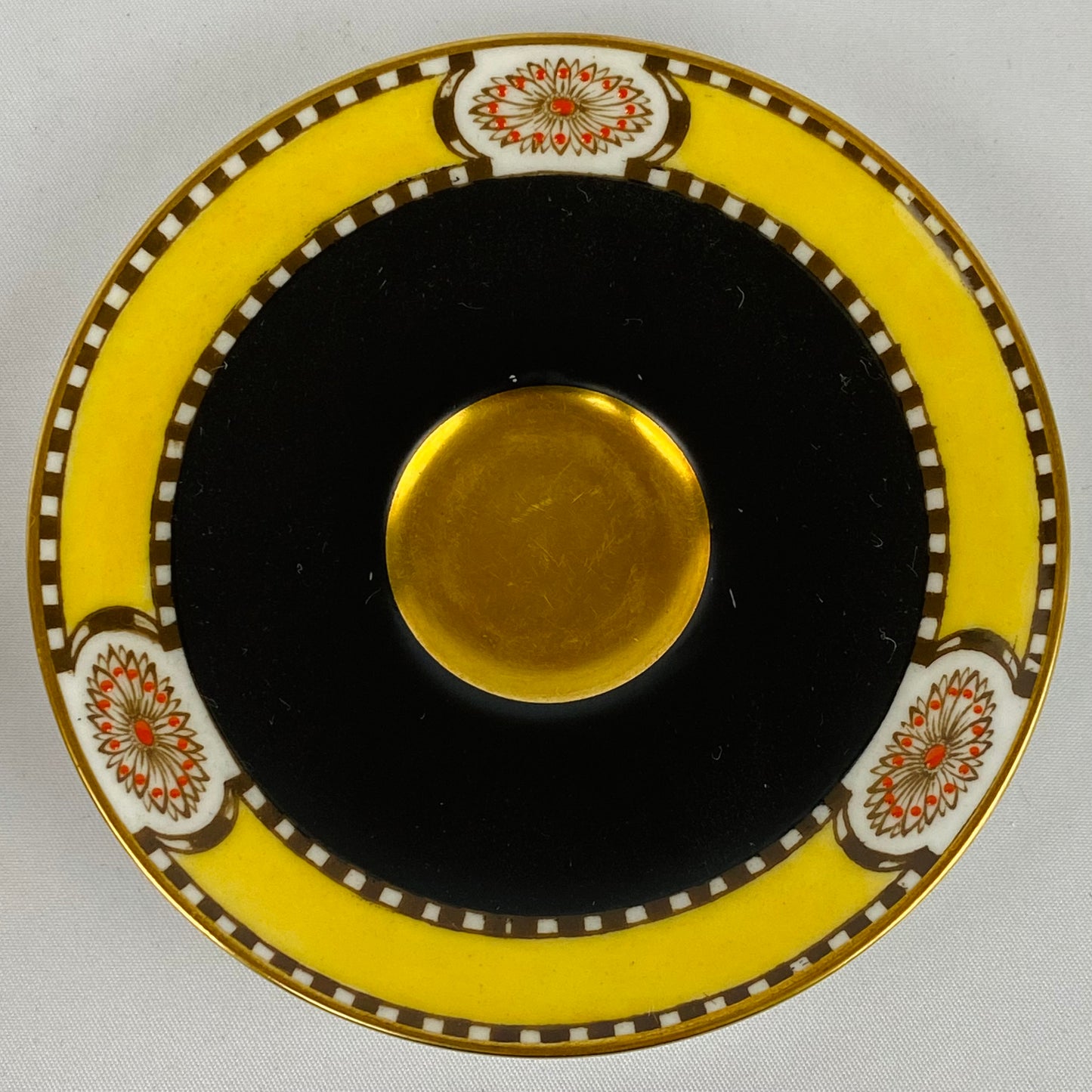 4 Antique Royal Worcester Cups & Saucers Jewelled Black Yellow #2583 Gold Gilt