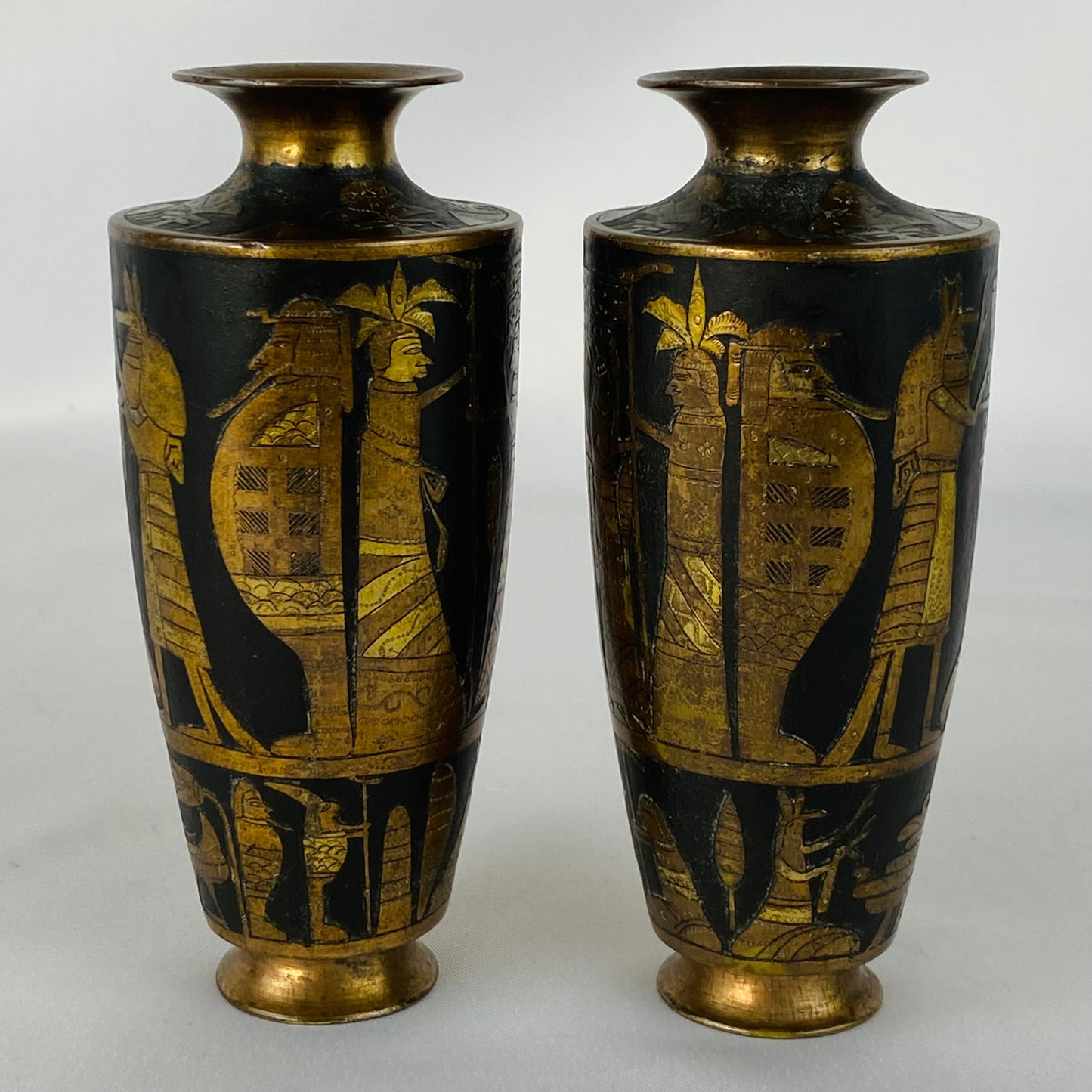 Japanese Pair of Antique Metal Baluster Vase Zougan Egyptian Scenes