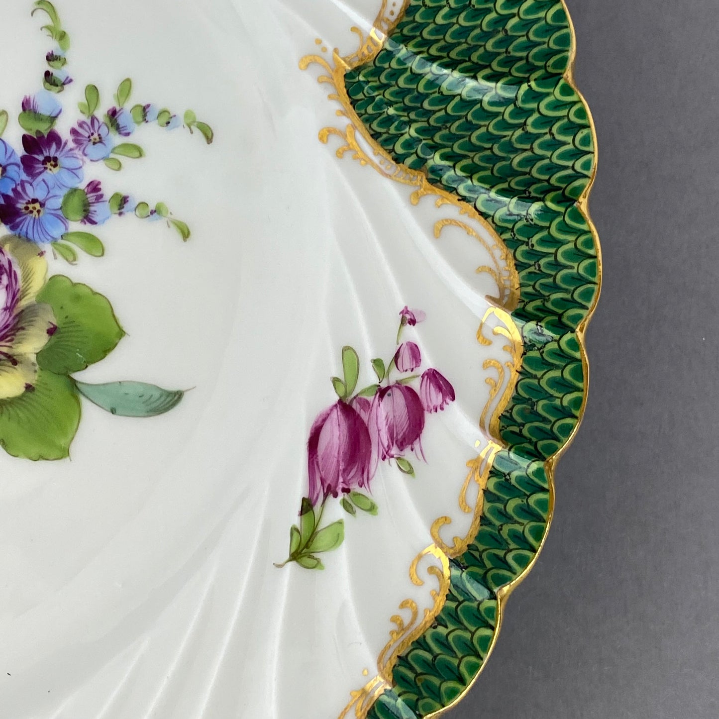 Antique Dresden Porcelain Plate Pair Floral Gold Gilt Rococo Revival Shell Rim