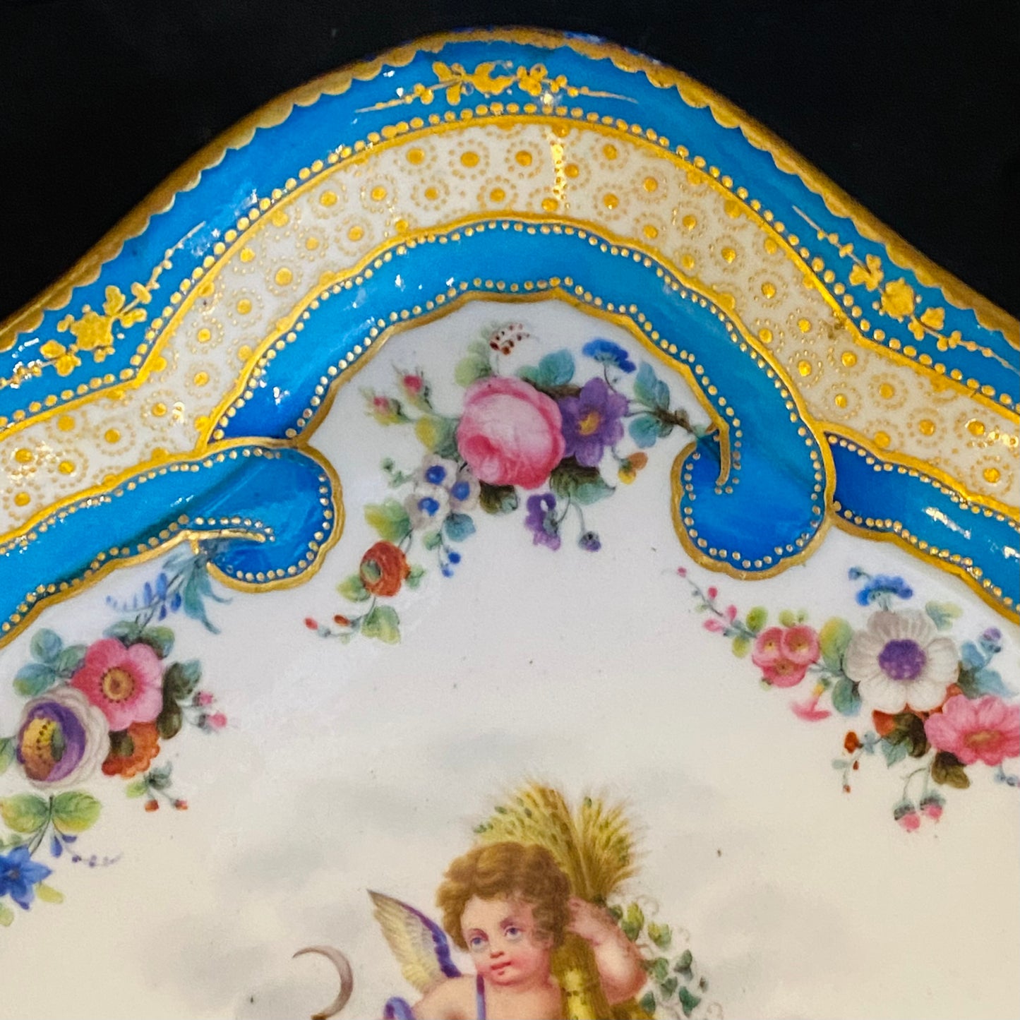 Antique French Sevres Porcelain Lozenge Cabinet Plate Cherub Gold Gilt