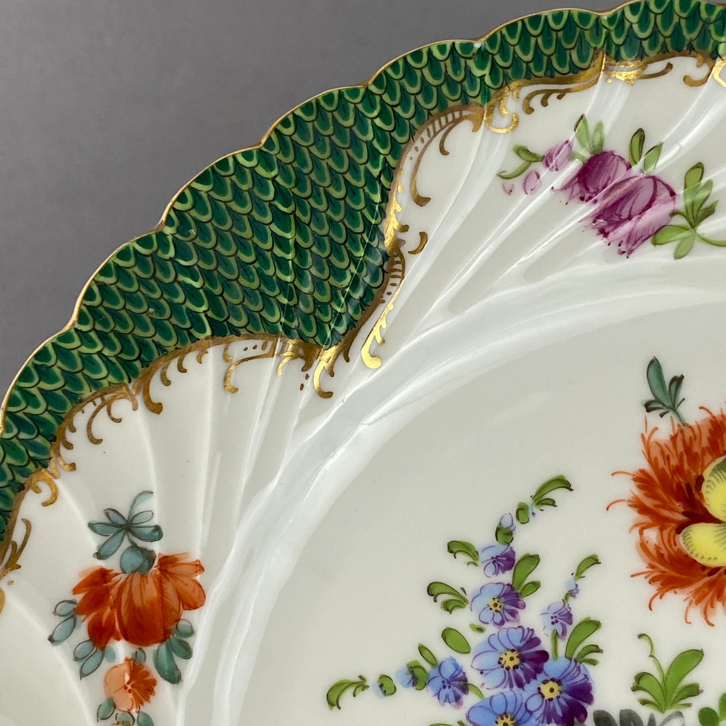 Antique Dresden Porcelain Plate Pair Floral Gold Gilt Rococo Revival Shell Rim