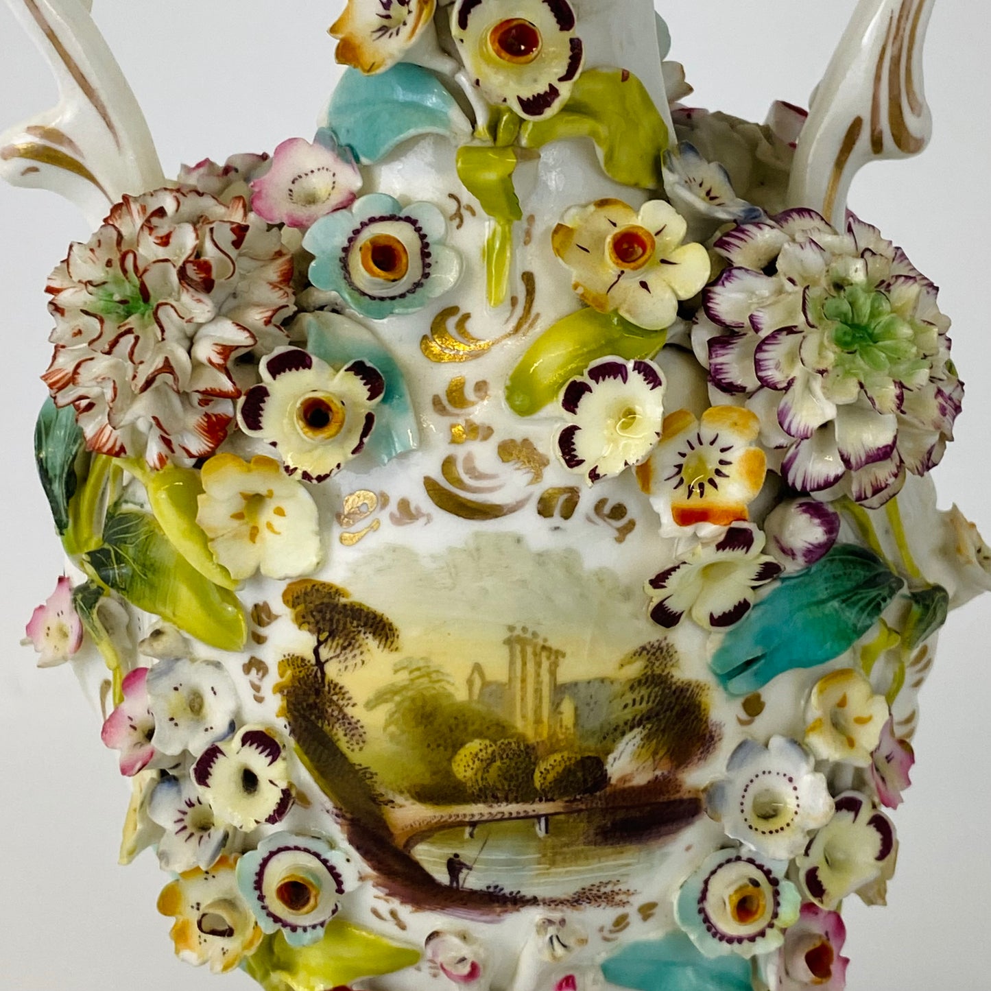 Antique Pair c1840 Vases Coalbrookedale Coalport Floral Encrusted Porcelain VGC