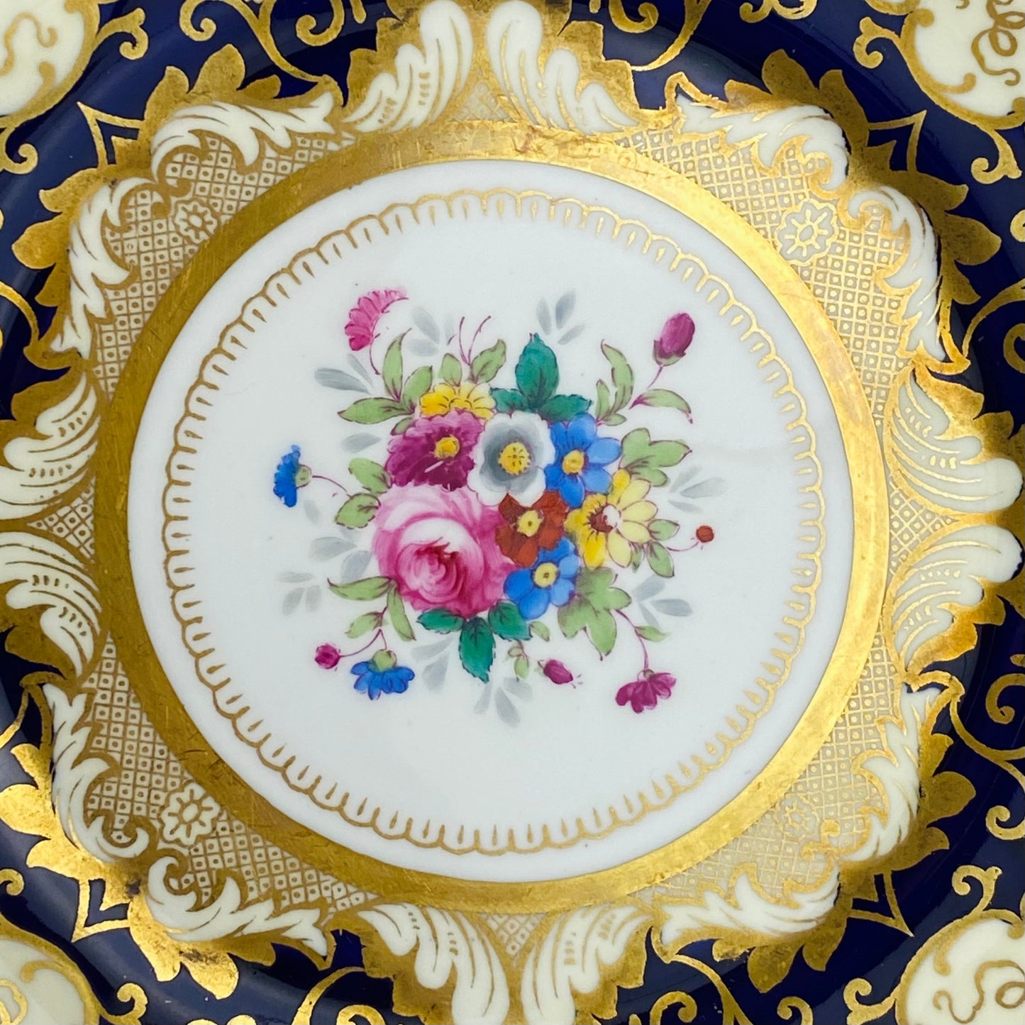 c1930 Crown Staffordshire Cup Saucer Trio & Cake Plate A13727 Cobalt Blue Pink Rose Gold Gilt