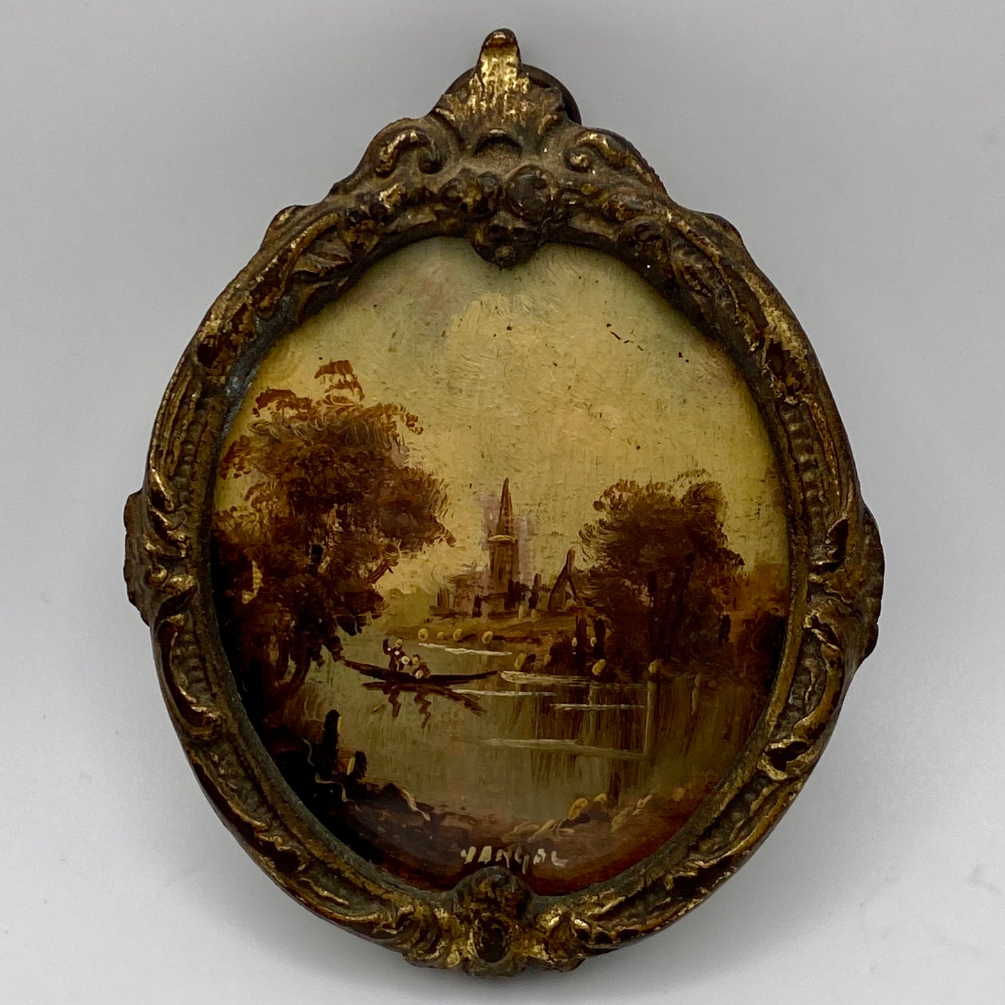 Antique Pair of 19th Century Brass Framed Miniature Oil Paintings