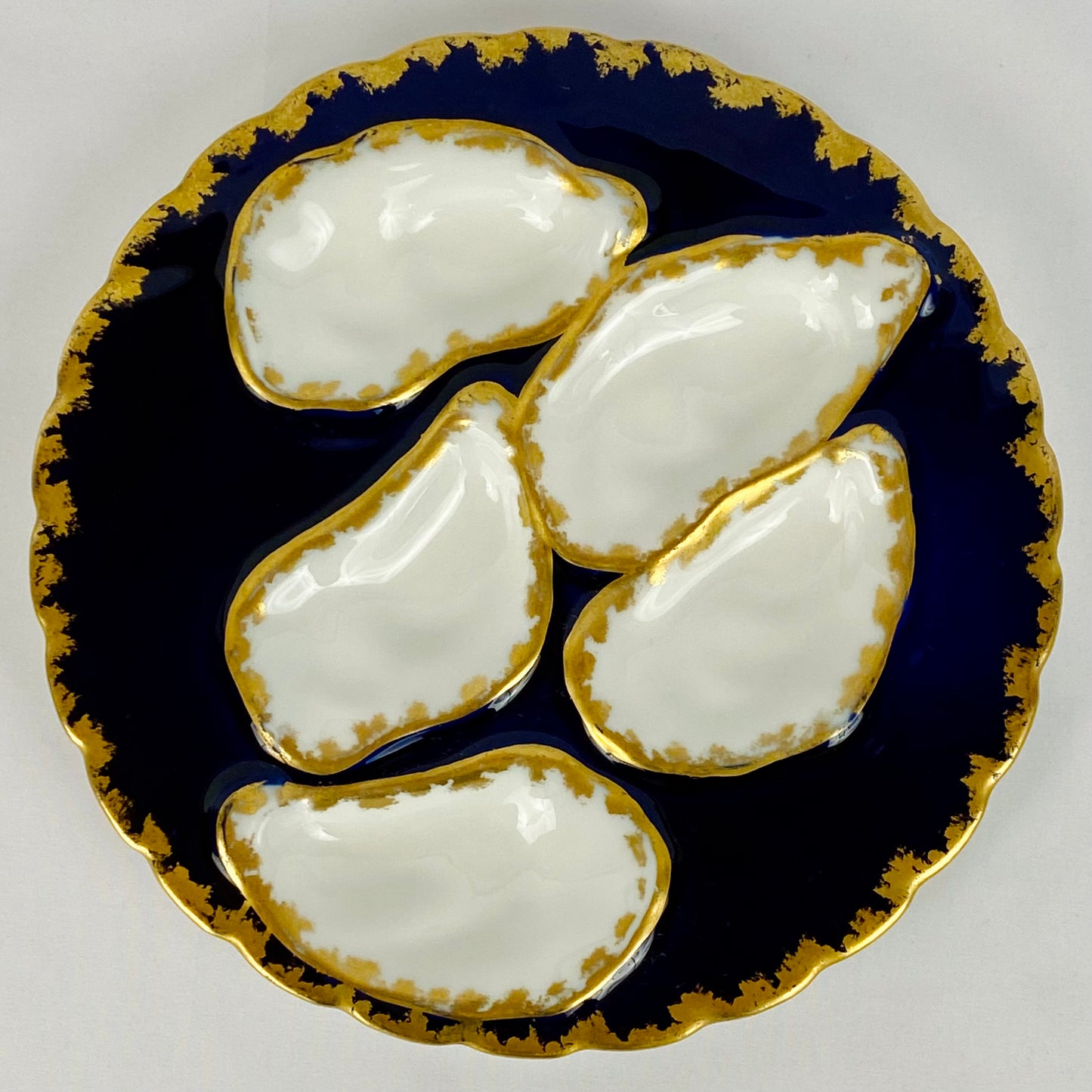 6 Antique Porcelain Limoges Cobalt Blue & Gold Oyster Plates