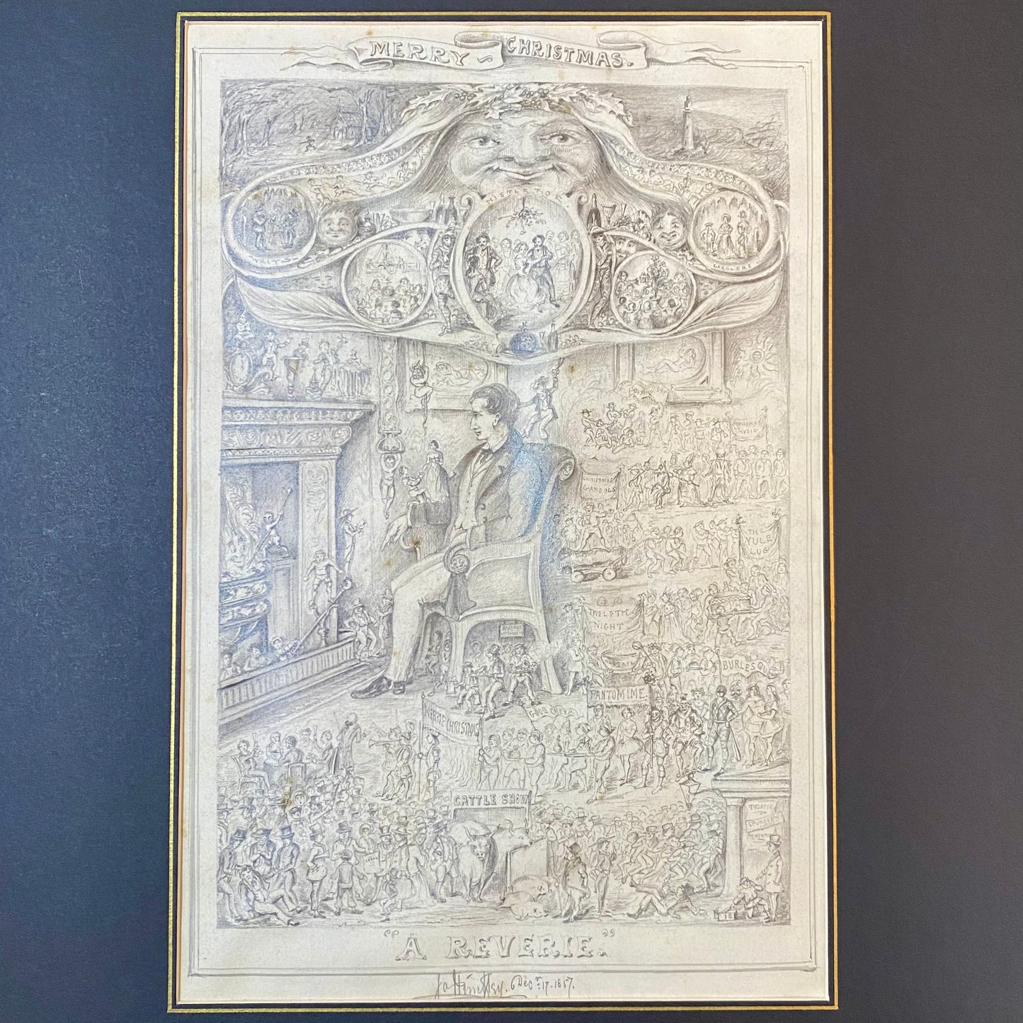 Antique Pencil Fine Drawing Christmas A Reverie 19thc Illustration by Hinksley 1857