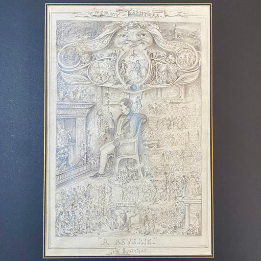 Antique Pencil Fine Drawing Christmas A Reverie 19thc Illustration by Hinksley 1857