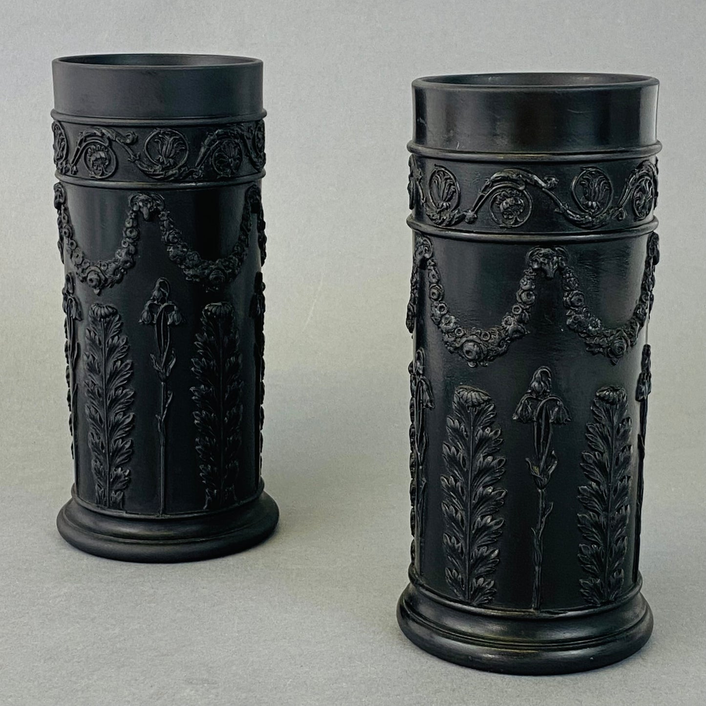 Wedgwood Black Basalt Antique Pair Pillar Spill Vases c1902 English Stoneware