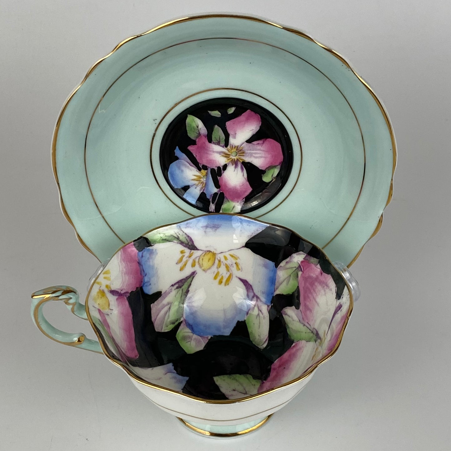 Paragon Black Primrose Tea Cup & Saucer Vintage c1939 Gilt Chintz Porcelain VGC