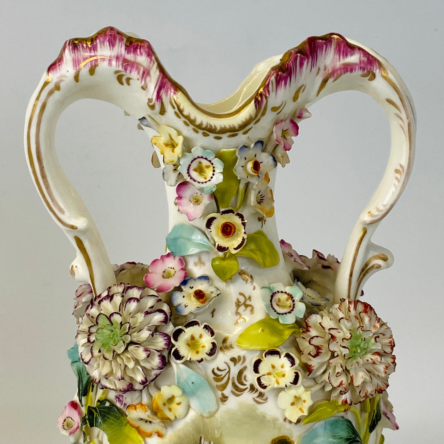 Antique Pair c1840 Vases Coalbrookedale Coalport Floral Encrusted Porcelain VGC