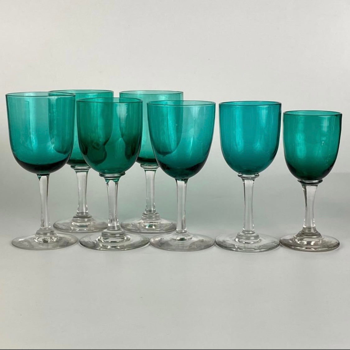 7 x Antique c1870+ Bristol Emerald Green Small Wine / Sherry Glasses Clear Stem