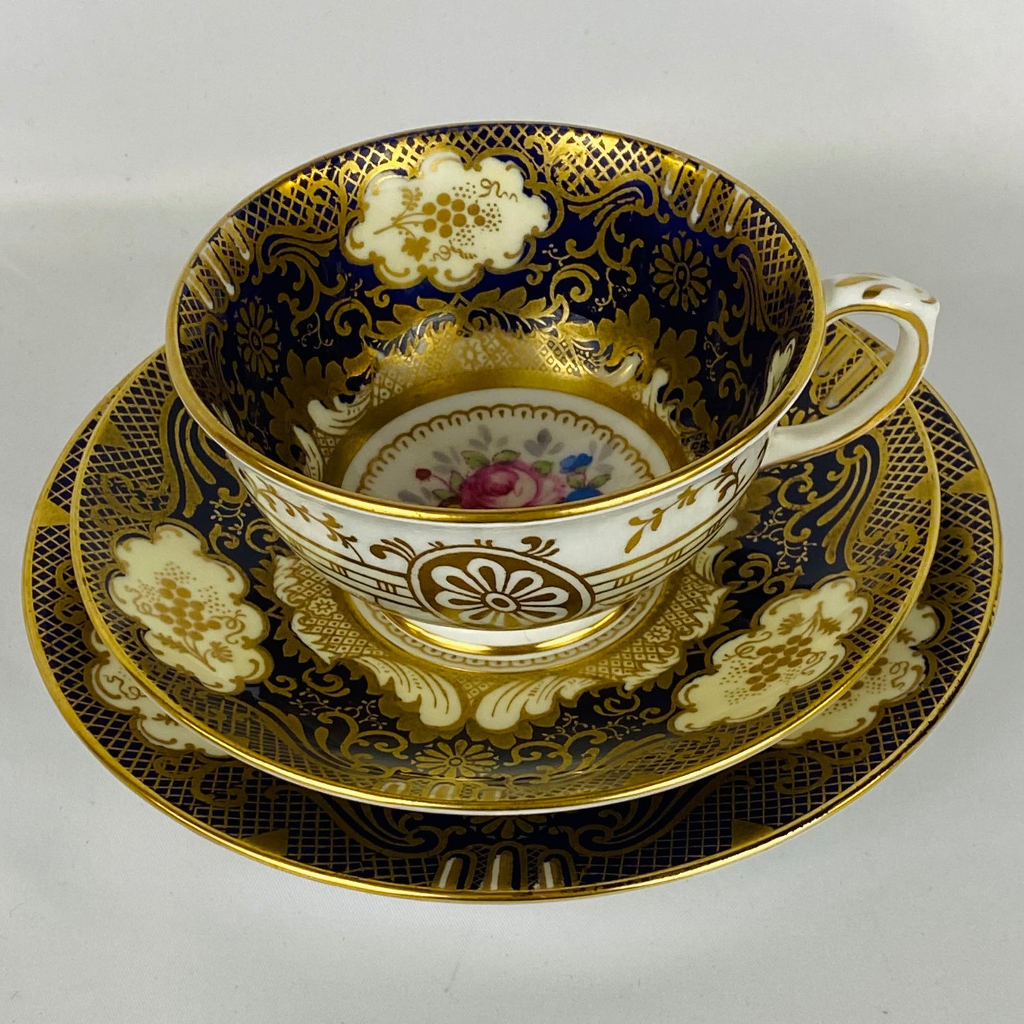 c1930 Crown Staffordshire Cup Saucer Trio & Cake Plate A13727 Cobalt Blue Pink Rose Gold Gilt